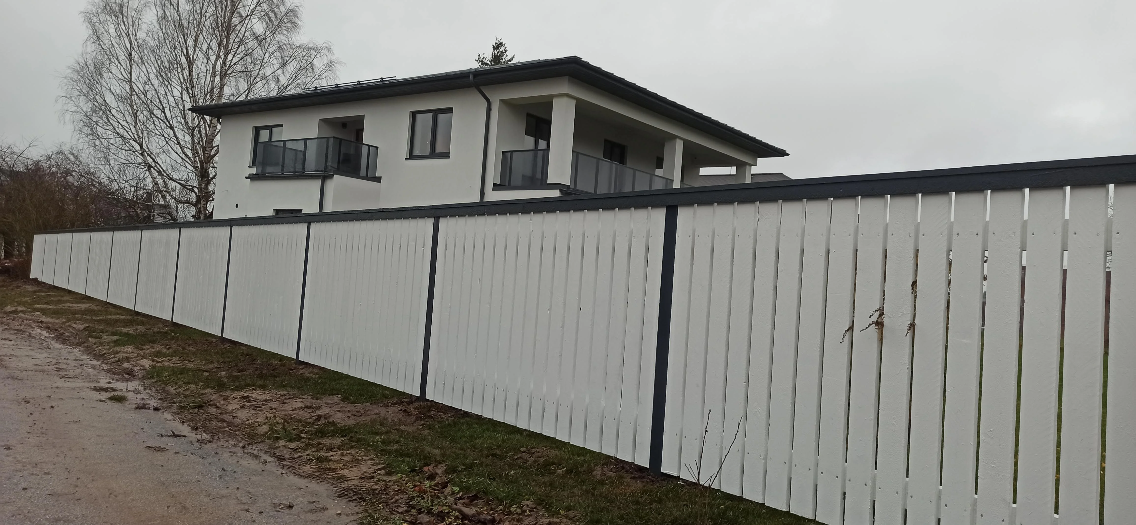 Puitaed - valge vertikaalne laudis antratsiitpostidega, pikk lõik eramu kõrval